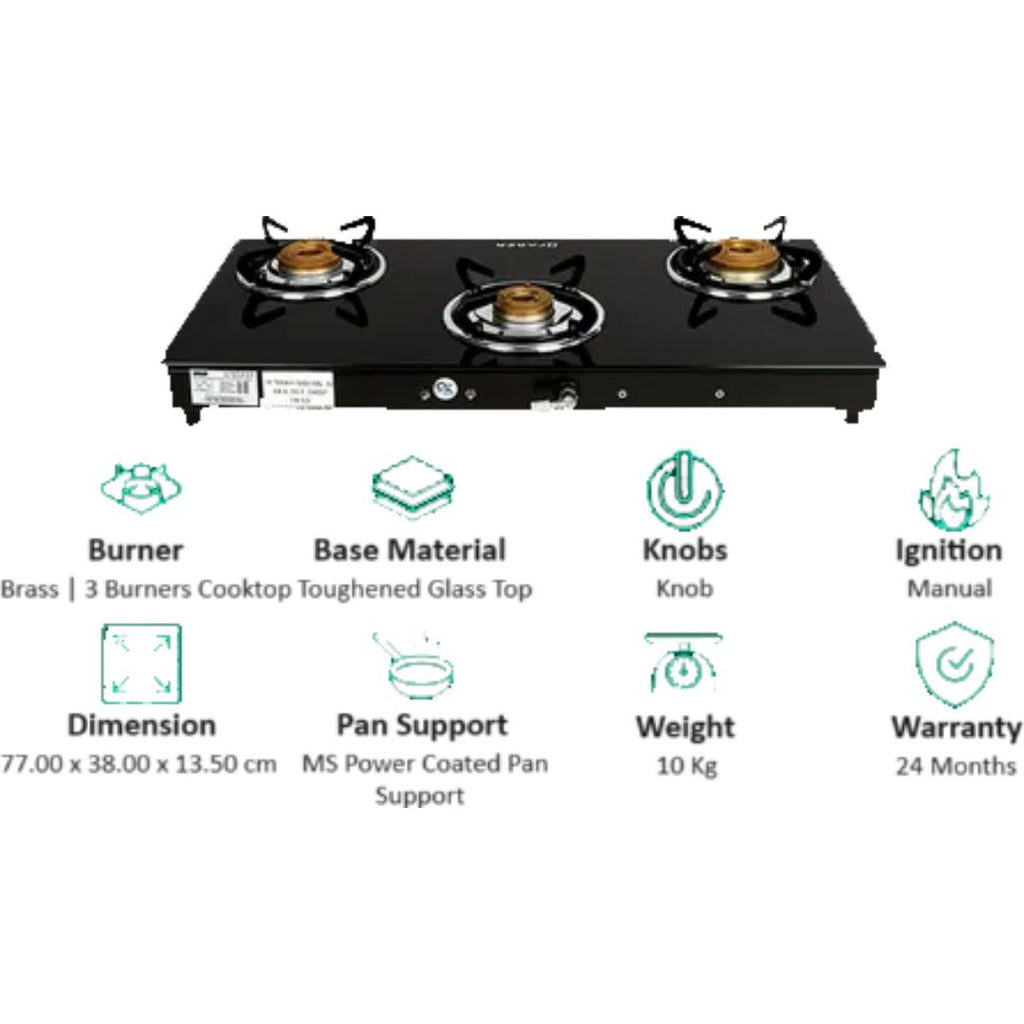Faber 3 Burner Jumbo 3BB BK Toughened Glass Top Corrosion Resistance M