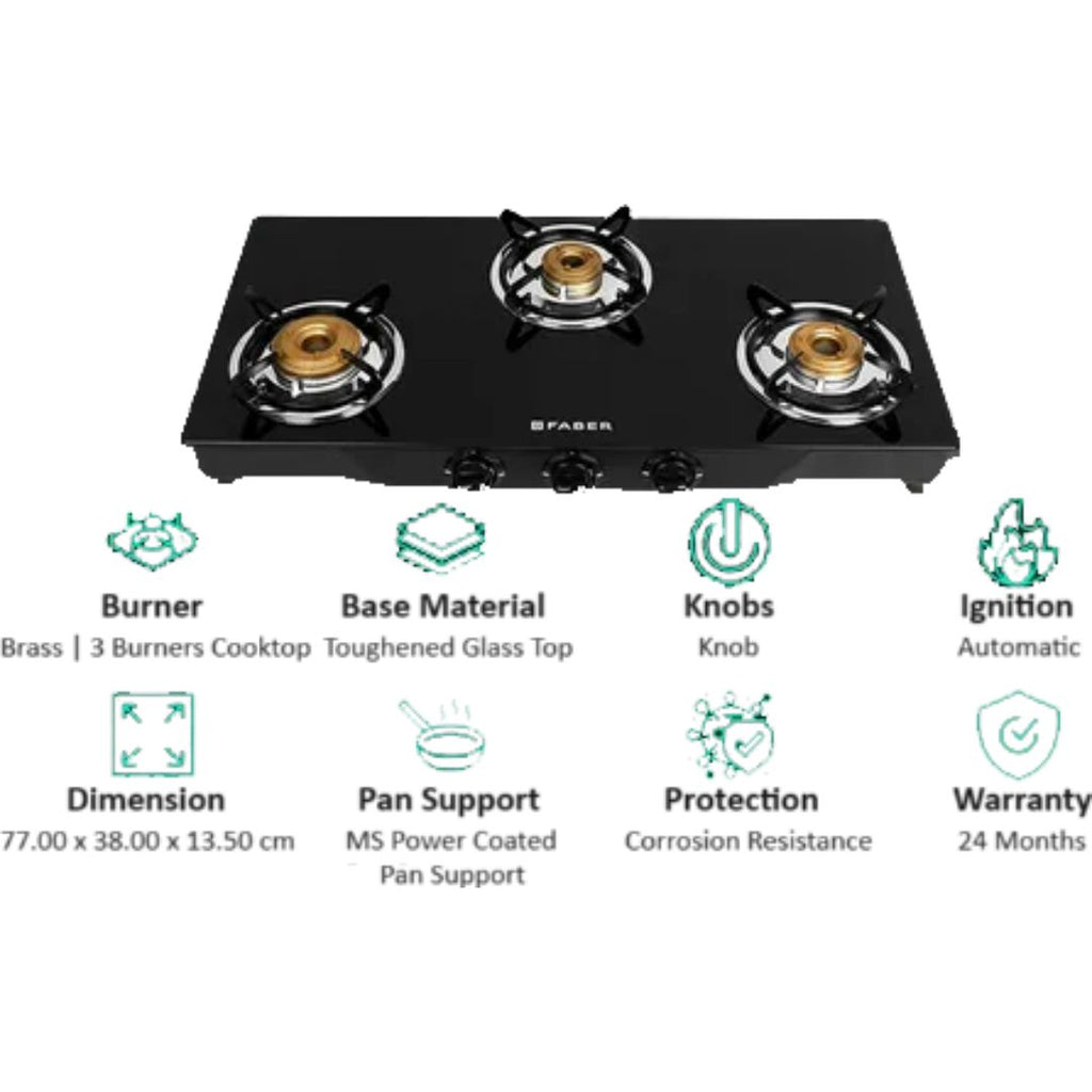 Faber 3 Burner JUMBO 3BB BK AI Toughened Glass Top Corrosion Resistanc
