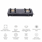 Sunflame 2 Brass Burner LPG Stove GT 2B Venza BK Toughened Glass Powder-Coated Stainless Steel Removable Drip Tray Manual Ignition Gas Stove Cooktop (Black)