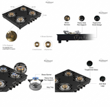 Sunflame 4 Brass Burner LPG Stove GT 4B Centa BK Toughened Glass Galvanized Steel Manual Ignition Gas Stove Cooktop (Black)