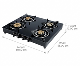 Sunflame 4 Brass Burner LPG Stove GT 4B Centa BK Toughened Glass Galvanized Steel Manual Ignition Gas Stove Cooktop (Black)