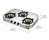 Sunflame 3 Brass Burner LPG Stove Spectra 3B Toughened Glass Stainless Steel Manual Ignition Gas Stove Cooktop (Silver)