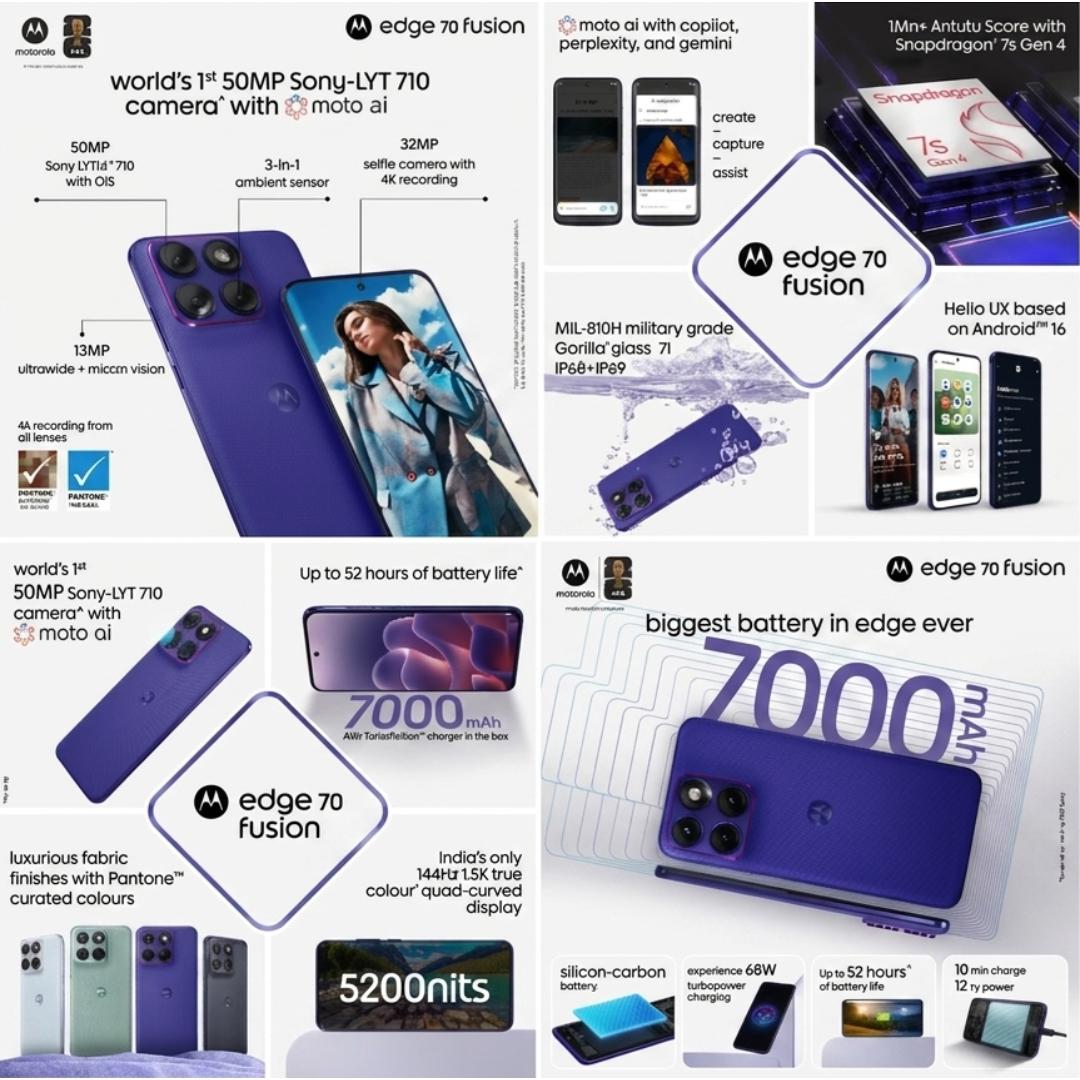 Motorola EDGE 70 Fusion 5G 17.27 Centimeter (6.80) Dual Rear Camera 50MP Sony - LYTIA™ 710 Sensor + 13MP Ultrawide Angle & 32 MP Front Camera 144Hz 1.5K Super HD Extreme AMOLED Display Qualcomm® Snapdragon® 7s Gen 4 Octa Core Processor Smartphones Mobile