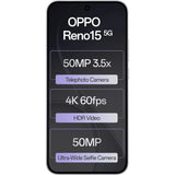 Oppo RENO15 5G 16.74 Centimeter (6.59) Triple Rear Camera 8MP Ultra Wide Angle + 50MP Wide Angle + 50MP Telephoto & 50 MP Front Camera 120Hz FHD+ AMOLED Display Qualcomm® Snapdragon® 7 Gen 4 Octa Core Processor Smartphones Mobile
