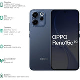 Oppo RENO15C 5G 16.69 Centimeter (6.57) Triple Rear Camera 8MP Ultra Wide Angle + 50MP Wide Angle + 2MP Macro & 50 MP Front Camera 120Hz FHD+ AMOLED Display Qualcomm® Snapdragon® 6 Gen 1 Octa Core Processor Smartphones Mobile