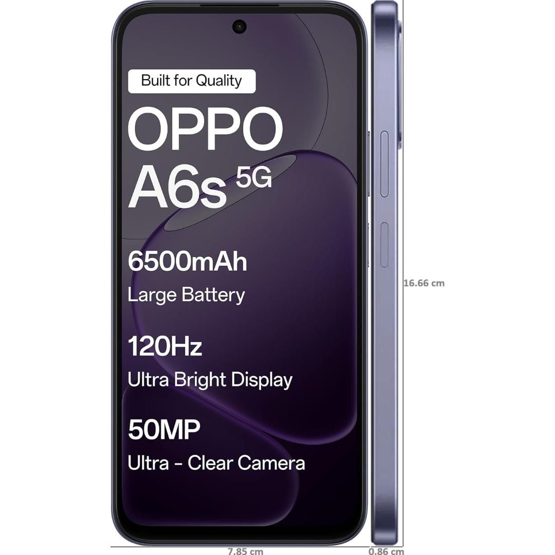 Oppo A6S 5G 17.15 Centimeter (6.75) Dual Rear Camera 50MP Wide Angle + 2MP Monochrome & 5 MP Front Camera 120Hz HD+ LCD Display MediaTek® Dimensity® 6300 Octa Core Processor Smartphones Mobile