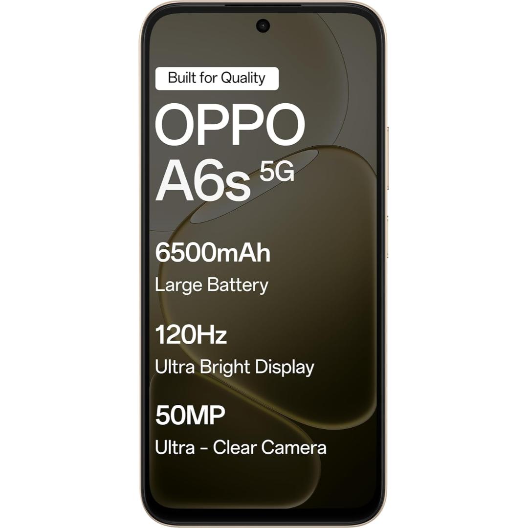Oppo A6S 5G 17.15 Centimeter (6.75) Dual Rear Camera 50MP Wide Angle + 2MP Monochrome & 5 MP Front Camera 120Hz HD+ LCD Display MediaTek® Dimensity® 6300 Octa Core Processor Smartphones Mobile