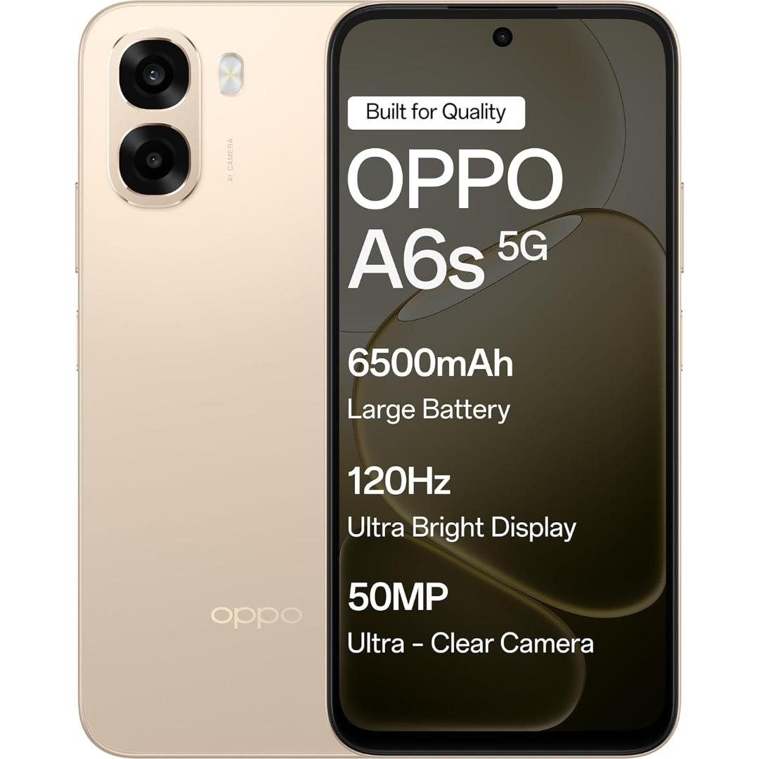 Oppo A6S 5G 17.15 Centimeter (6.75) Dual Rear Camera 50MP Wide Angle + 2MP Monochrome & 5 MP Front Camera 120Hz HD+ LCD Display MediaTek® Dimensity® 6300 Octa Core Processor Smartphones Mobile