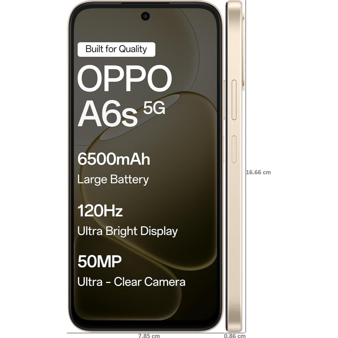 Oppo A6S 5G 17.15 Centimeter (6.75) Dual Rear Camera 50MP Wide Angle + 2MP Monochrome & 5 MP Front Camera 120Hz HD+ LCD Display MediaTek® Dimensity® 6300 Octa Core Processor Smartphones Mobile