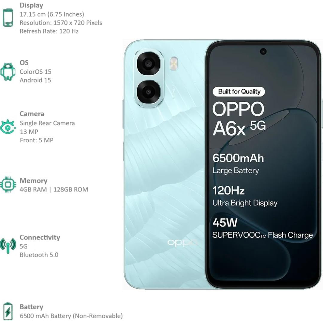 Oppo A6X 5G 17.15 Centimeter (6.75) Single Rear Camera 13MP Wide Angle & 5 MP Front Camera 120Hz HD+ LCD Display MediaTek® Dimensity® 6300 Octa Core Processor Smartphones Mobile