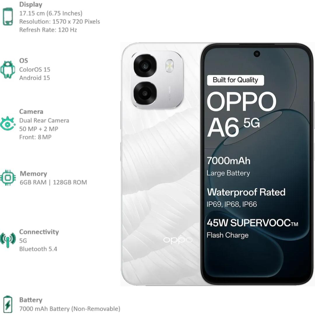 Oppo A6 5G 17.15 Centimeter (6.75) Dual Rear Camera 50MP Wide Angle + 2MP Monochrome & 8 MP Front Camera 120Hz HD+ LCD Display MediaTek® Dimensity® 6300 Octa Core Processor Smartphones Mobile