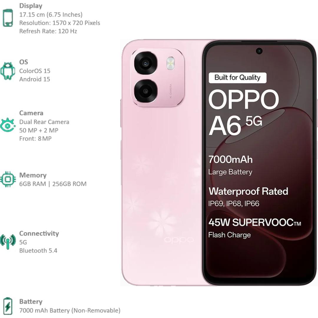 Oppo A6 5G 17.15 Centimeter (6.75) Dual Rear Camera 50MP Wide Angle + 2MP Monochrome & 8 MP Front Camera 120Hz HD+ LCD Display MediaTek® Dimensity® 6300 Octa Core Processor Smartphones Mobile