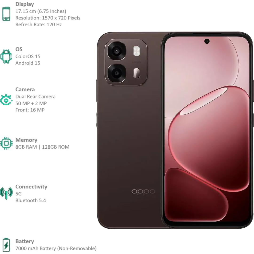 Oppo A6 Pro 5G 17.15 Centimeter (6.75) Dual Rear Camera 50MP Wide Angle + 2MP Monochrome & 16 MP Front Camera 120Hz HD+ LCD Display MediaTek® Dimensity® 6300 Octa Core Processor Smartphones Mobile