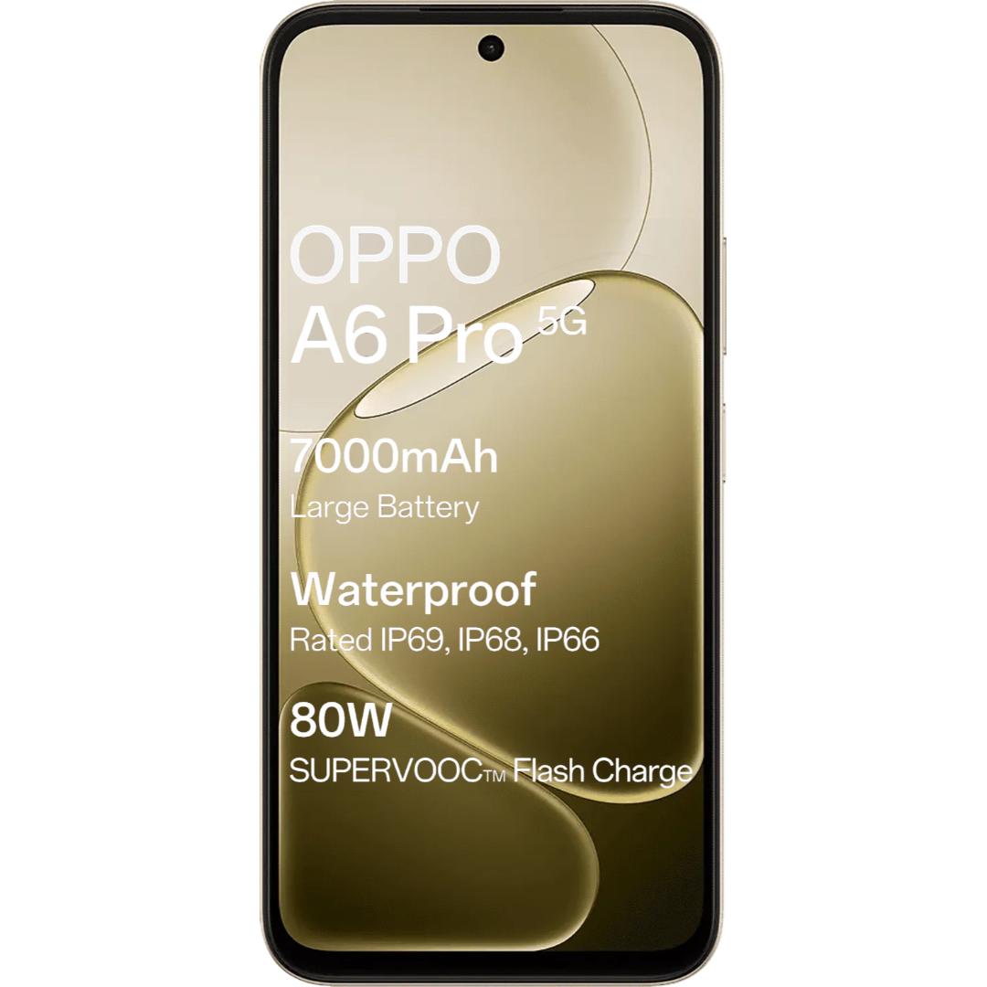 Oppo A6 Pro 5G 17.15 Centimeter (6.75) Dual Rear Camera 50MP Wide Angle + 2MP Monochrome & 16 MP Front Camera 120Hz HD+ LCD Display MediaTek® Dimensity® 6300 Octa Core Processor Smartphones Mobile