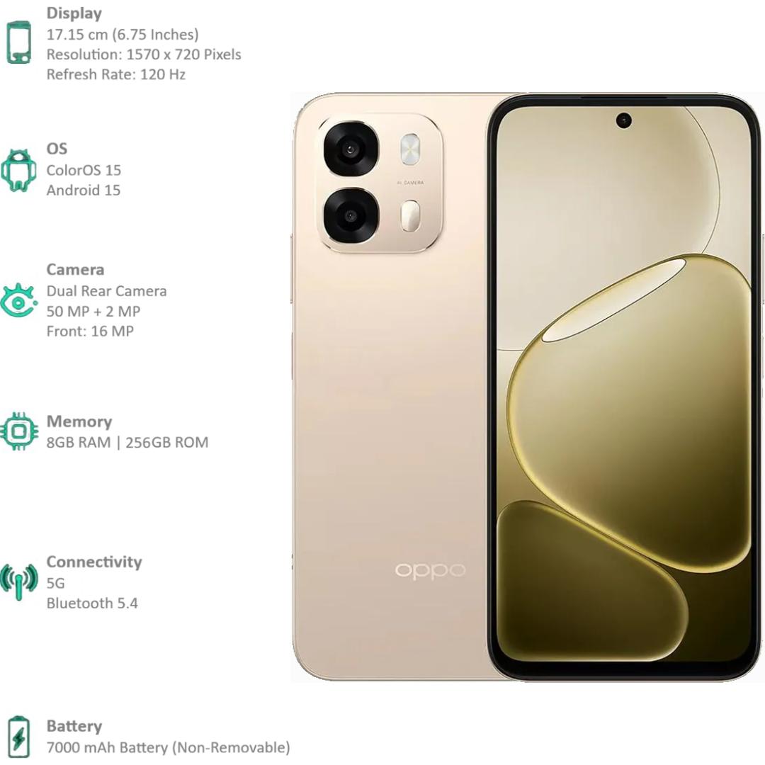 Oppo A6 Pro 5G 17.15 Centimeter (6.75) Dual Rear Camera 50MP Wide Angle + 2MP Monochrome & 16 MP Front Camera 120Hz HD+ LCD Display MediaTek® Dimensity® 6300 Octa Core Processor Smartphones Mobile