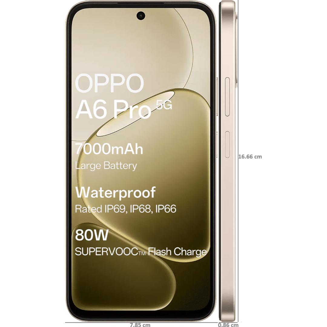 Oppo A6 Pro 5G 17.15 Centimeter (6.75) Dual Rear Camera 50MP Wide Angle + 2MP Monochrome & 16 MP Front Camera 120Hz HD+ LCD Display MediaTek® Dimensity® 6300 Octa Core Processor Smartphones Mobile