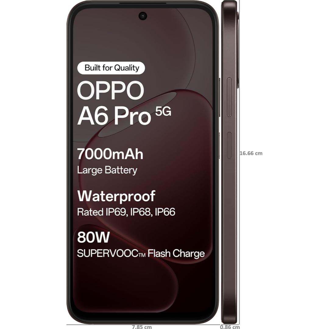 Oppo A6 Pro 5G 17.15 Centimeter (6.75) Dual Rear Camera 50MP Wide Angle + 2MP Monochrome & 16 MP Front Camera 120Hz HD+ LCD Display MediaTek® Dimensity® 6300 Octa Core Processor Smartphones Mobile
