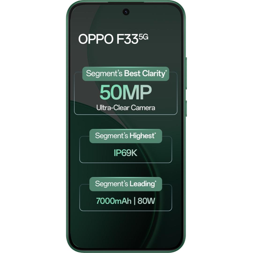 Oppo F33 5G 16.69 Centimeter (6.57) Dual Rear Camera 50MP Wide Angle + 2MP Monochrome & 16 MP Front Camera 120Hz FHD+ AMOLED Display MediaTek® Dimensity® 6360 MAX Octa Core Processor Smartphones Mobile