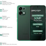 Oppo F33 5G 16.69 Centimeter (6.57) Dual Rear Camera 50MP Wide Angle + 2MP Monochrome & 16 MP Front Camera 120Hz FHD+ AMOLED Display MediaTek® Dimensity® 6360 MAX Octa Core Processor Smartphones Mobile