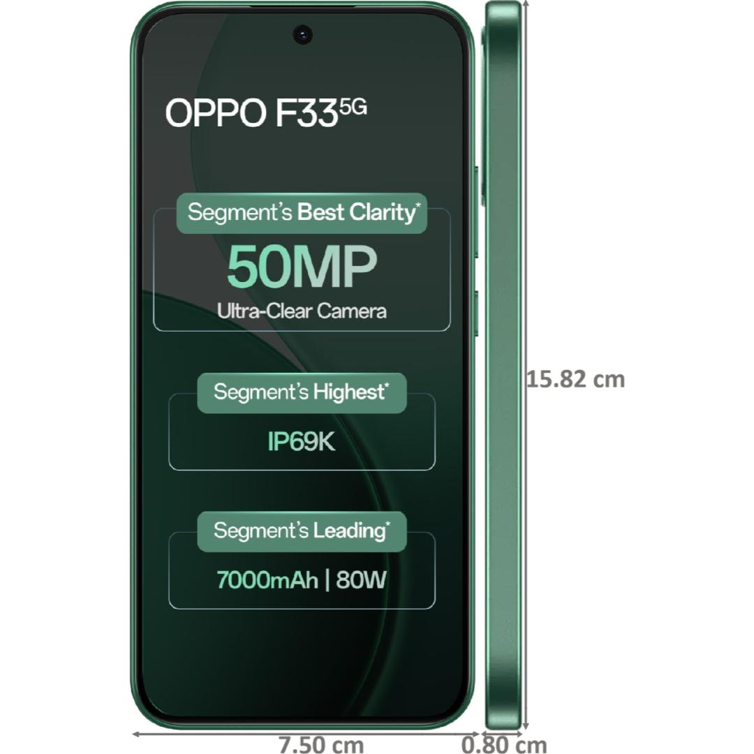 Oppo F33 5G 16.69 Centimeter (6.57) Dual Rear Camera 50MP Wide Angle + 2MP Monochrome & 16 MP Front Camera 120Hz FHD+ AMOLED Display MediaTek® Dimensity® 6360 MAX Octa Core Processor Smartphones Mobile