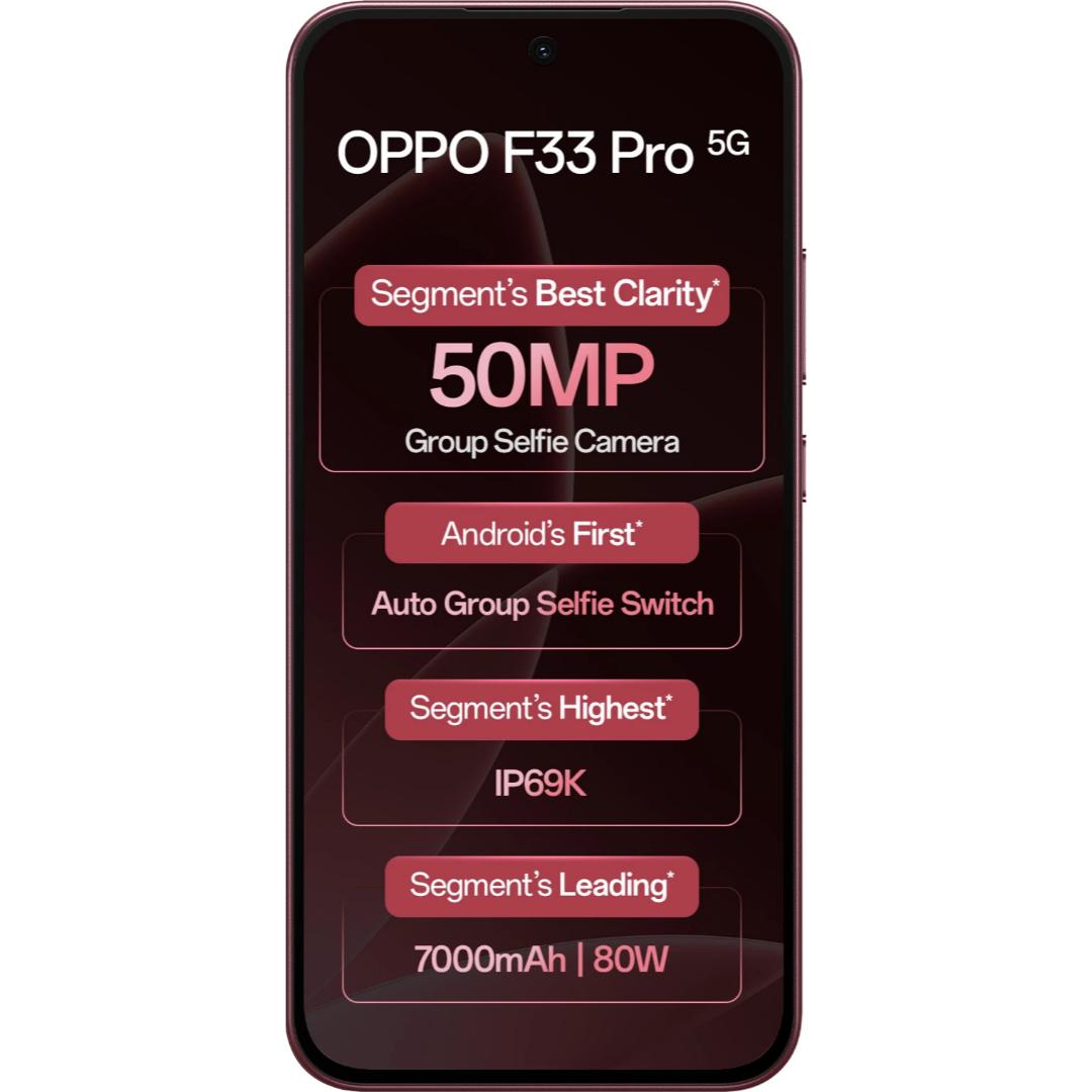 Oppo F33 Pro 5G 16.69 Centimeter (6.57) Dual Rear Camera 50MP Wide Angle + 2MP Monochrome & 50 MP Front Camera 120Hz FHD+ AMOLED Display MediaTek® Dimensity® 6360 MAX Octa Core Processor Smartphones Mobile