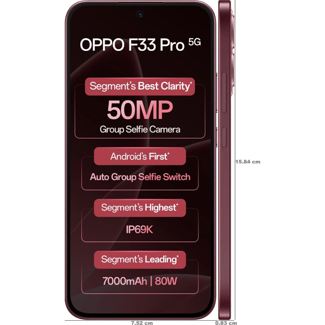 Oppo F33 Pro 5G 16.69 Centimeter (6.57) Dual Rear Camera 50MP Wide Angle + 2MP Monochrome & 50 MP Front Camera 120Hz FHD+ AMOLED Display MediaTek® Dimensity® 6360 MAX Octa Core Processor Smartphones Mobile
