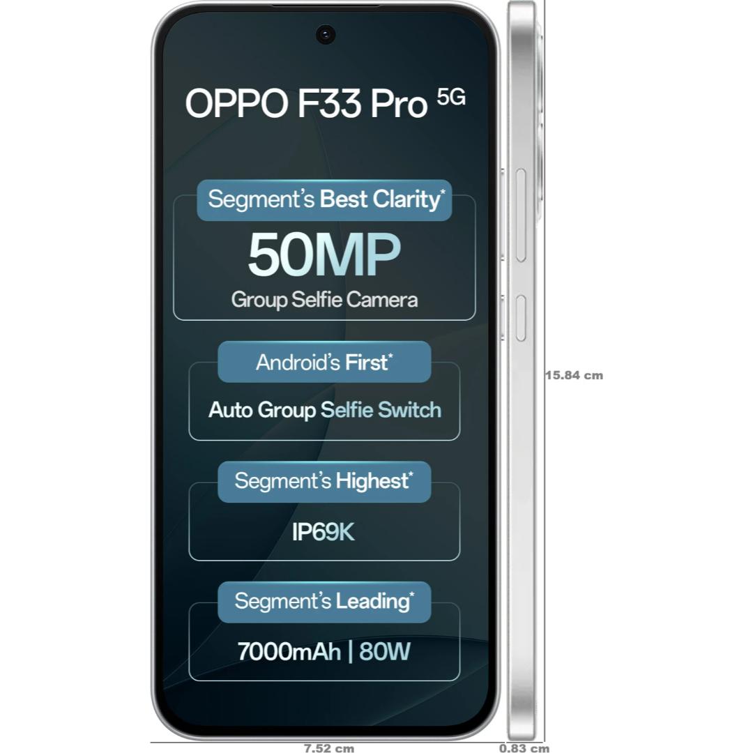 Oppo F33 Pro 5G 16.69 Centimeter (6.57) Dual Rear Camera 50MP Wide Angle + 2MP Monochrome & 50 MP Front Camera 120Hz FHD+ AMOLED Display MediaTek® Dimensity® 6360 MAX Octa Core Processor Smartphones Mobile