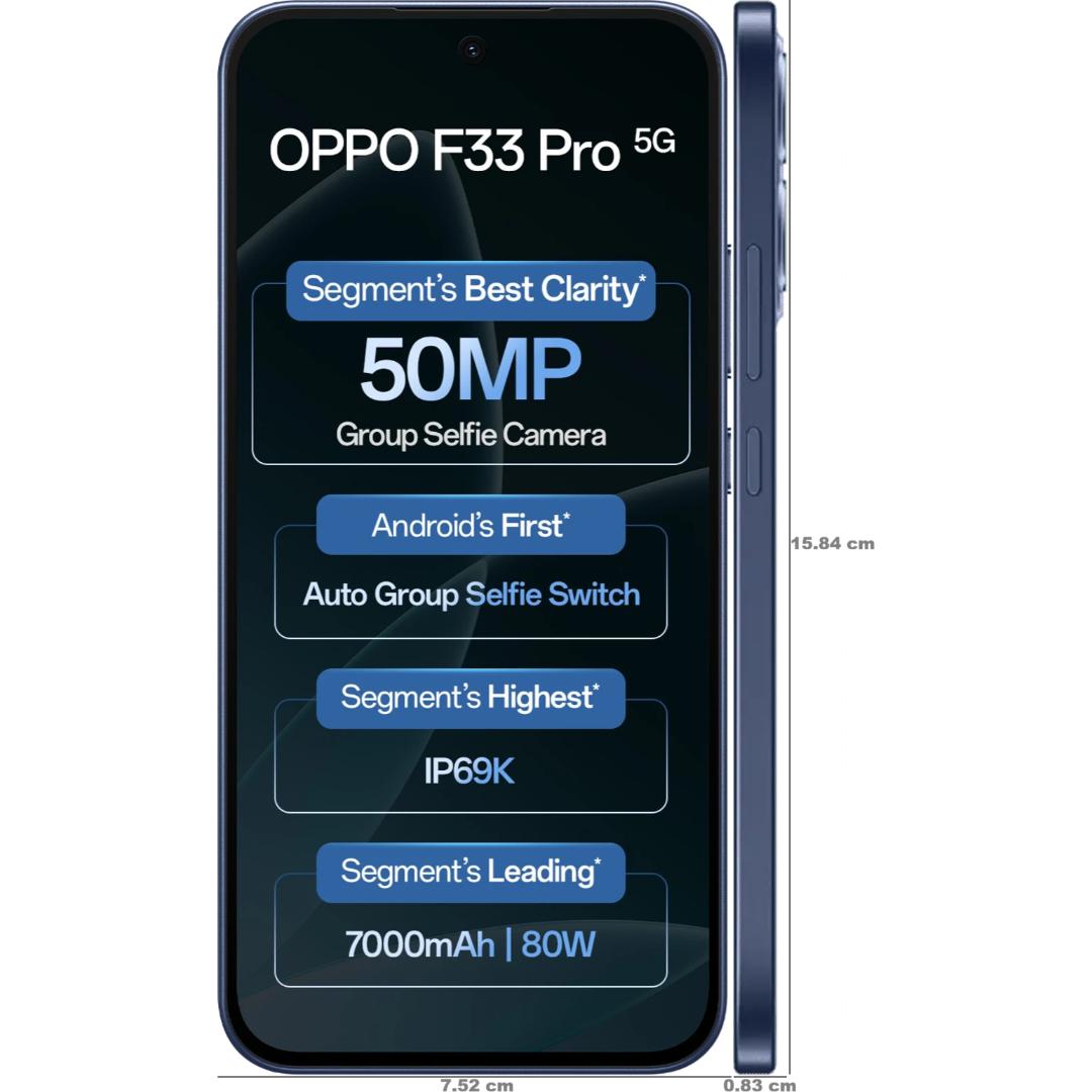 Oppo F33 Pro 5G 16.69 Centimeter (6.57) Dual Rear Camera 50MP Wide Angle + 2MP Monochrome & 50 MP Front Camera 120Hz FHD+ AMOLED Display MediaTek® Dimensity® 6360 MAX Octa Core Processor Smartphones Mobile