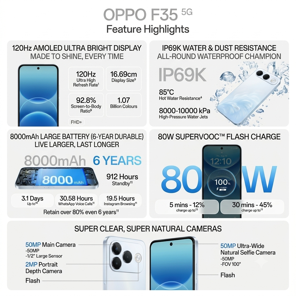 Oppo F35 5G 16.69 Centimeter (6.57) Dual Rear Camera 50MP Wide Angle + 2MP Monochrome & 5 MP Front Camera 120Hz FHD+ Flexible AMOLED Display MediaTek® Dimensity® 6360 MAX Octa Core Processor Smartphones Mobile