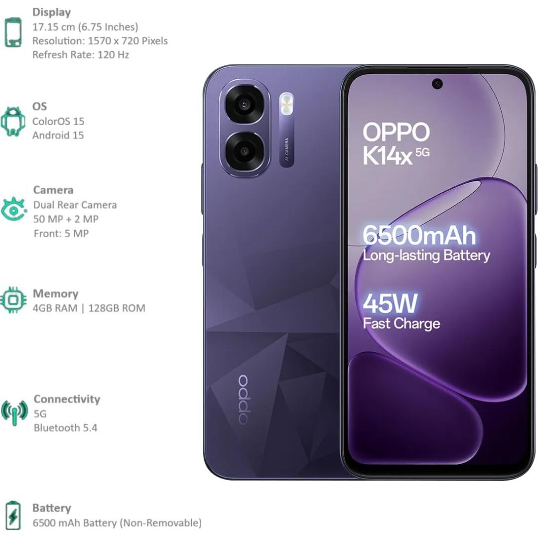 Oppo K14X 5G 17.15 Centimeter (6.75) Dual Rear Camera 50MP Wide Angle + 2MP Monochrome & 5 MP Front Camera 120Hz HD+ LCD Display MediaTek® Dimensity® 6300 Octa Core Processor Smartphones Mobile