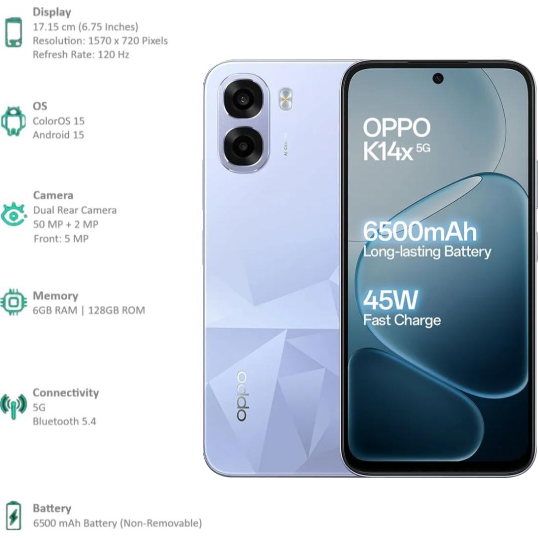 Oppo K14X 5G 17.15 Centimeter (6.75) Dual Rear Camera 50MP Wide Angle + 2MP Monochrome & 5 MP Front Camera 120Hz HD+ LCD Display MediaTek® Dimensity® 6300 Octa Core Processor Smartphones Mobile