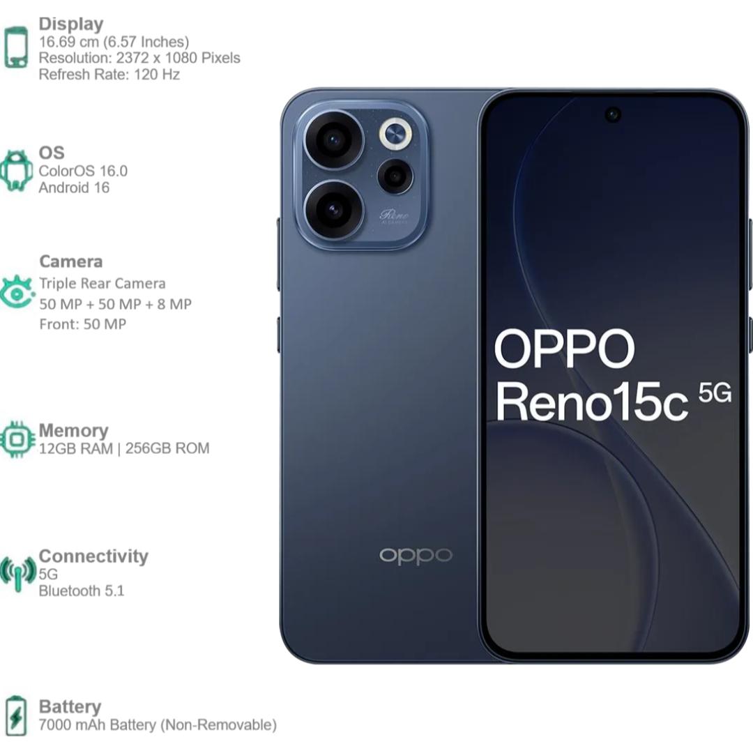 Oppo RENO15C 5G 16.69 Centimeter (6.57) Triple Rear Camera 8MP Ultra Wide Angle + 50MP Wide Angle + 2MP Macro & 50 MP Front Camera 120Hz FHD+ AMOLED Display Qualcomm® Snapdragon® 6 Gen 1 Octa Core Processor Smartphones Mobile