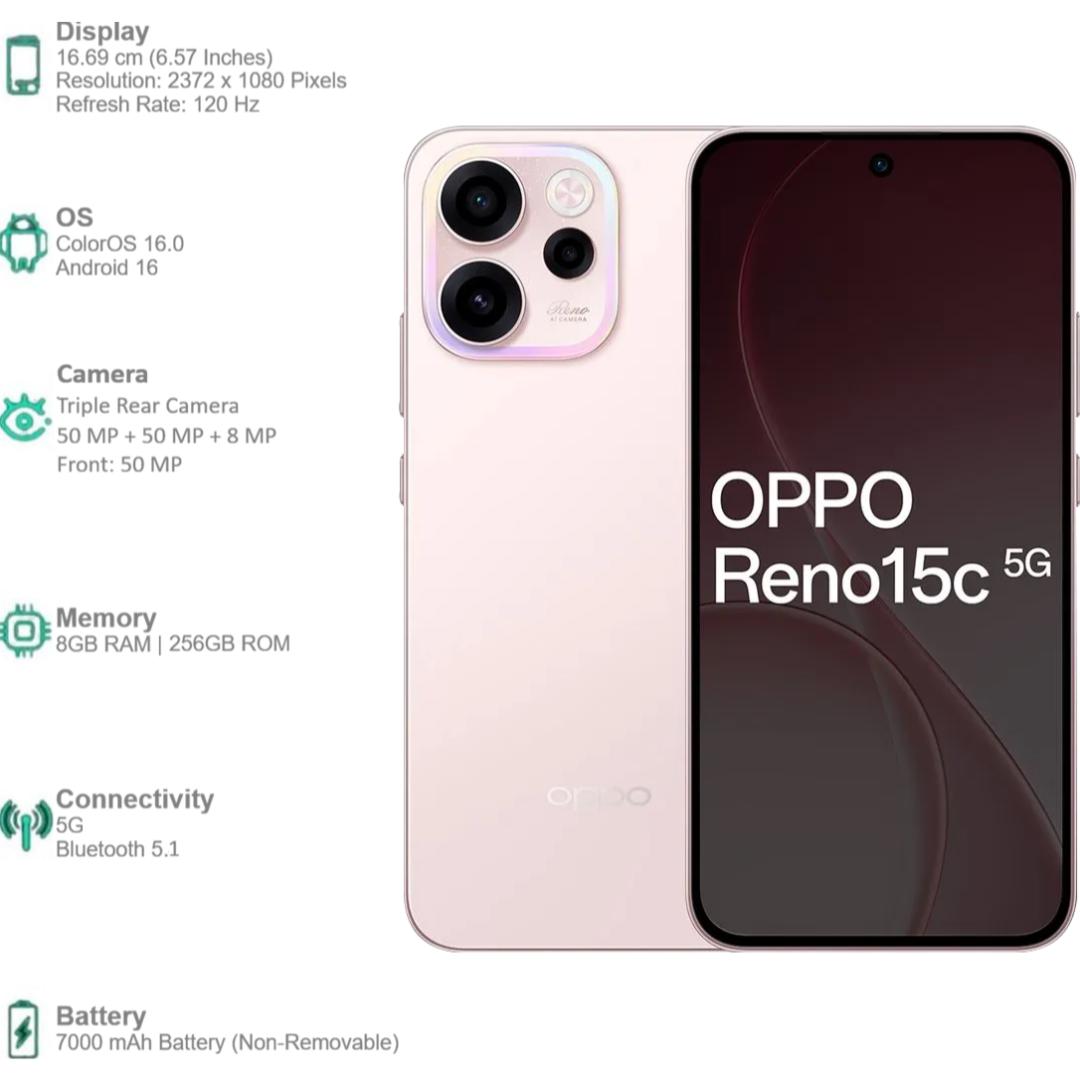 Oppo RENO15C 5G 16.69 Centimeter (6.57) Triple Rear Camera 8MP Ultra Wide Angle + 50MP Wide Angle + 2MP Macro & 50 MP Front Camera 120Hz FHD+ AMOLED Display Qualcomm® Snapdragon® 6 Gen 1 Octa Core Processor Smartphones Mobile