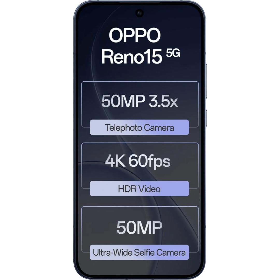 Oppo RENO15 5G 16.74 Centimeter (6.59) Triple Rear Camera 8MP Ultra Wide Angle + 50MP Wide Angle + 50MP Telephoto & 50 MP Front Camera 120Hz FHD+ AMOLED Display Qualcomm® Snapdragon® 7 Gen 4 Octa Core Processor Smartphones Mobile