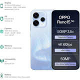 Oppo RENO15 5G 16.74 Centimeter (6.59) Triple Rear Camera 8MP Ultra Wide Angle + 50MP Wide Angle + 50MP Telephoto & 50 MP Front Camera 120Hz FHD+ AMOLED Display Qualcomm® Snapdragon® 7 Gen 4 Octa Core Processor Smartphones Mobile