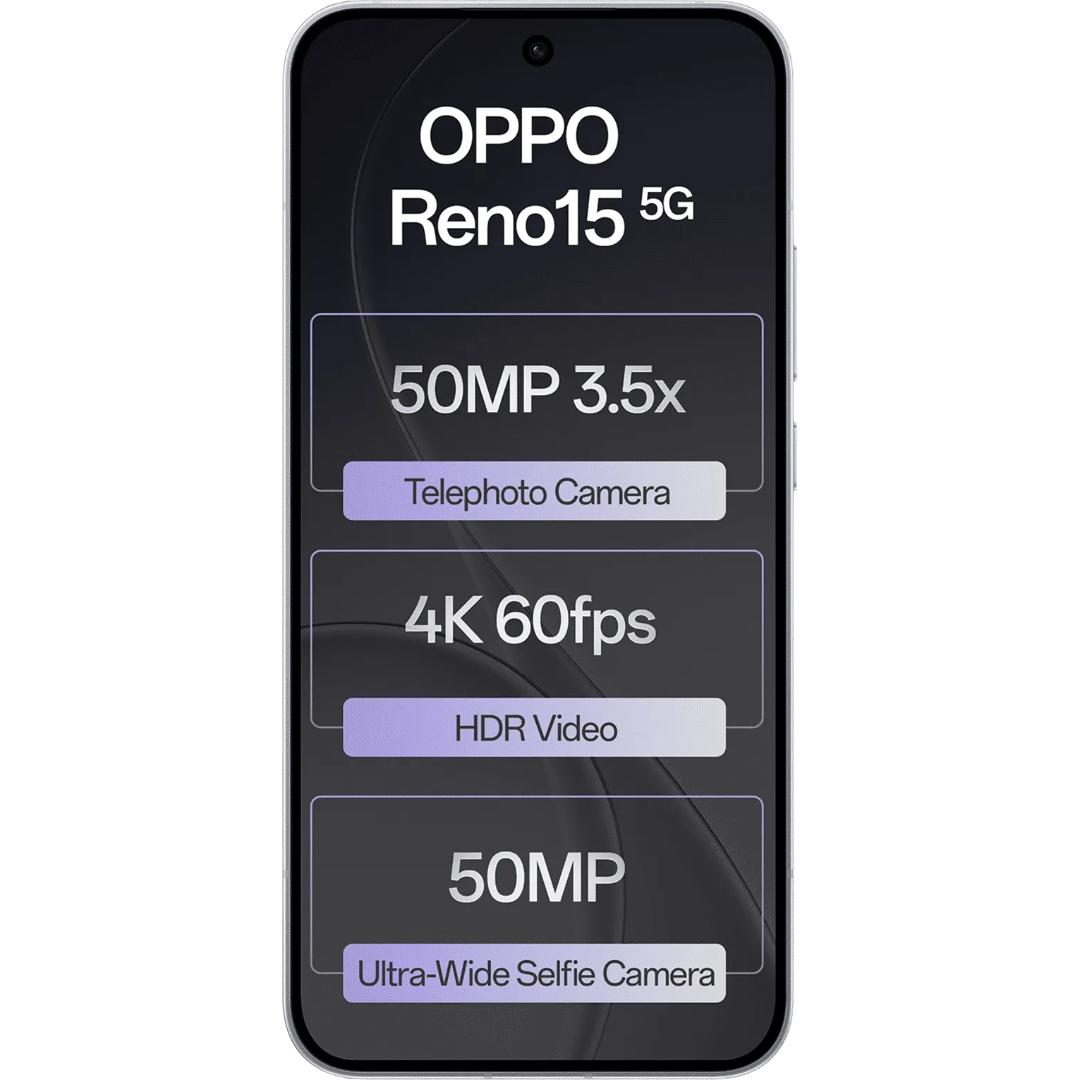 Oppo RENO15 5G 16.74 Centimeter (6.59) Triple Rear Camera 8MP Ultra Wide Angle + 50MP Wide Angle + 50MP Telephoto & 50 MP Front Camera 120Hz FHD+ AMOLED Display Qualcomm® Snapdragon® 7 Gen 4 Octa Core Processor Smartphones Mobile