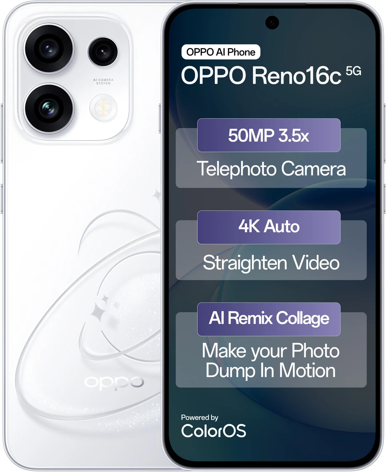 Oppo RENO16C 5G 16.69 Centimeter (6.57) Triple Rear Camera 8MP Ultra Wide Angle + 50MP Wide Angle + 50MP Telephoto & 50 MP Front Camera 120Hz FHD+ AMOLED Display MediaTek® Dimensity® 7300 Octa Core Processor Smartphones Mobile