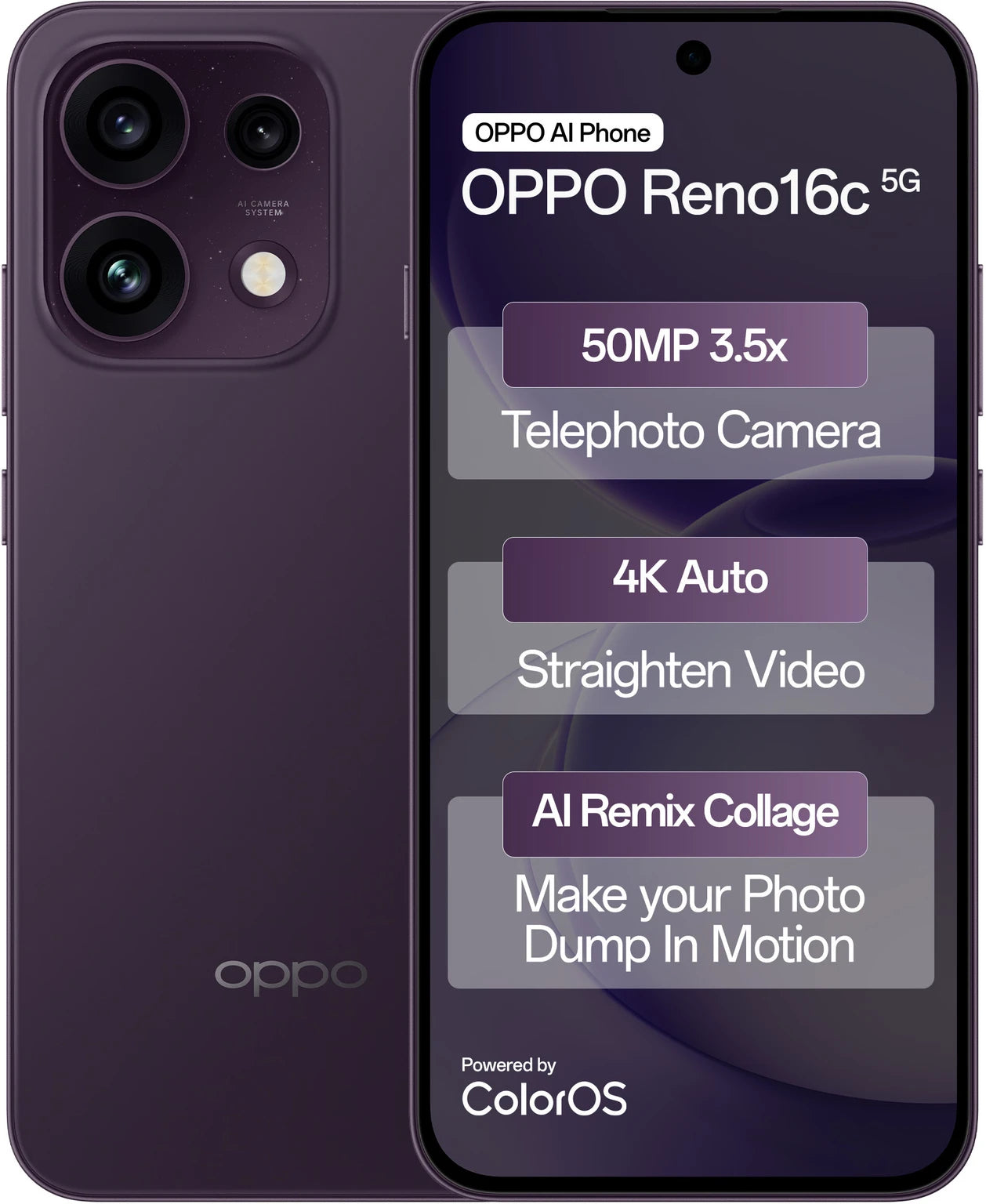 Oppo RENO16C 5G 16.69 Centimeter (6.57) Triple Rear Camera 8MP Ultra Wide Angle + 50MP Wide Angle + 50MP Telephoto & 50 MP Front Camera 120Hz FHD+ AMOLED Display MediaTek® Dimensity® 7300 Octa Core Processor Smartphones Mobile