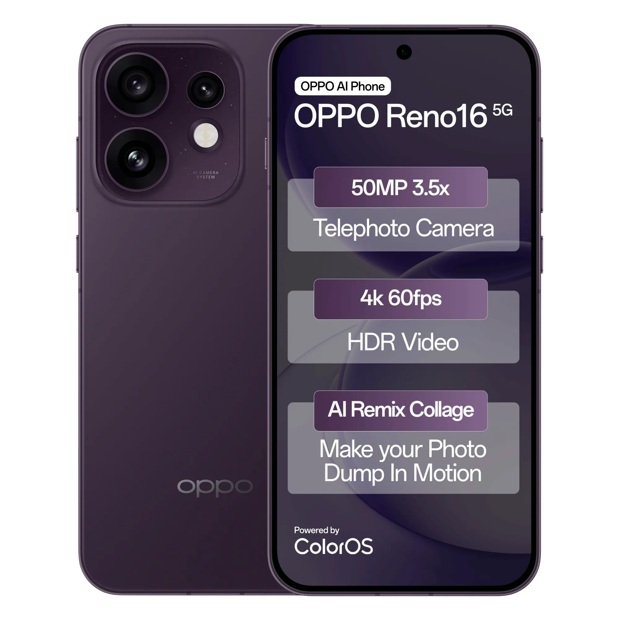 Oppo RENO16 5G 16.05 Centimeter (6.32) Triple Rear Camera 50MP Ultra Wide Angle + 50MP Wide Angle + 50MP Telephoto & 50 MP Front Camera 120Hz FHD+ AMOLED Display Qualcomm® Snapdragon® 7 Gen 4 Octa Core Processor Smartphones Mobile