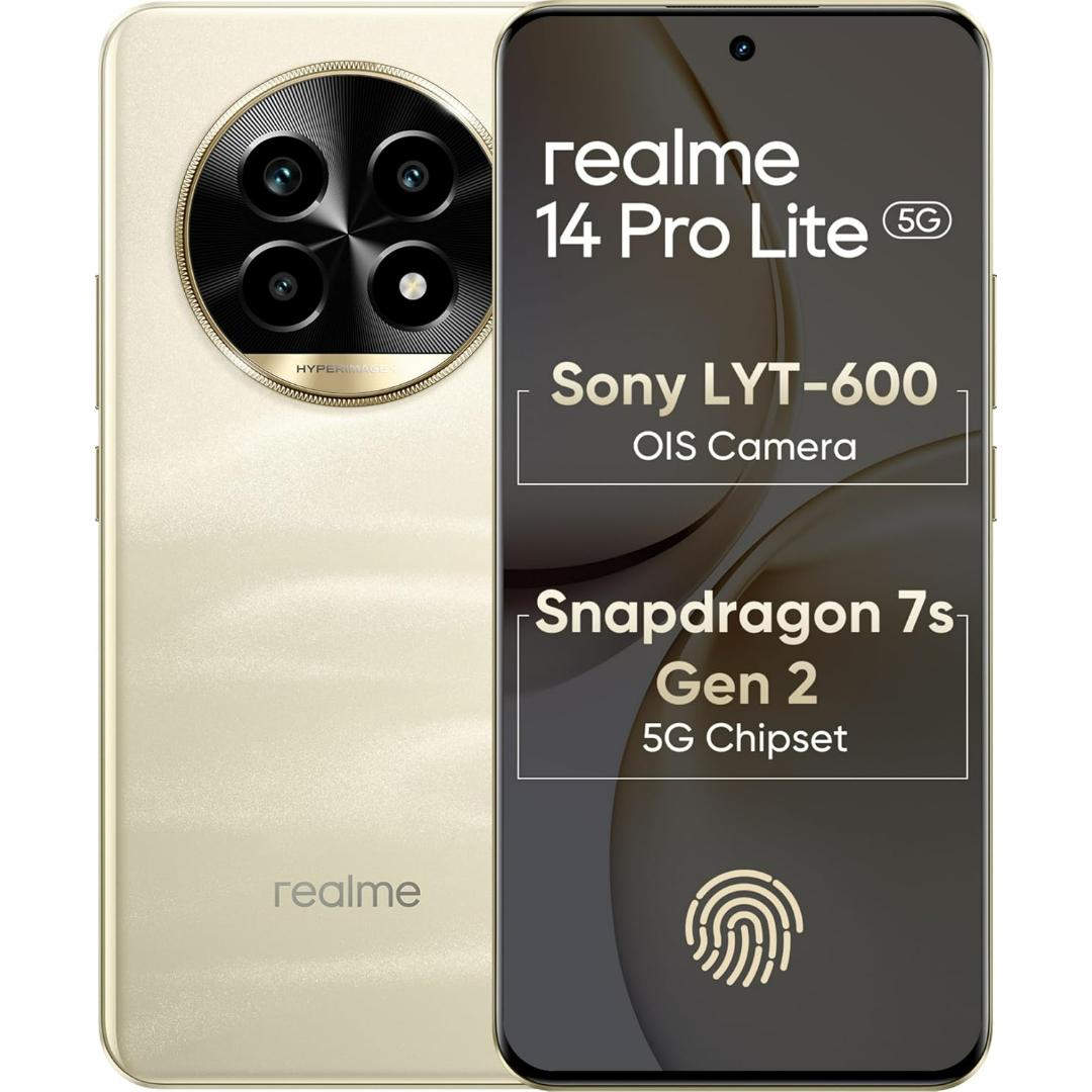 Realme 14 Pro Lite 5G 17.02 Centimeter (6.7) Triple Rear Camera Sony LYT-600 OIS 50 MP + 8 MP + 2 MP & 32 MP Front Camera Full HD+ 120Hz Curved Vision OLED Display Qualcomm Snapdragon® 7s Gen 2 4nm Octa Core Processor Smartphones Mobile