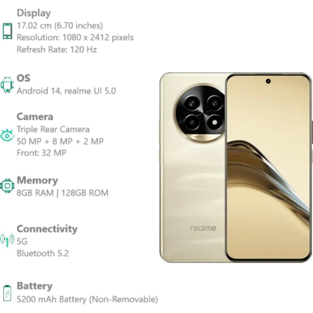 Realme 14 Pro Lite 5G 17.02 Centimeter (6.7) Triple Rear Camera Sony LYT-600 OIS 50 MP + 8 MP + 2 MP & 32 MP Front Camera Full HD+ 120Hz Curved Vision OLED Display Qualcomm Snapdragon® 7s Gen 2 4nm Octa Core Processor Smartphones Mobile