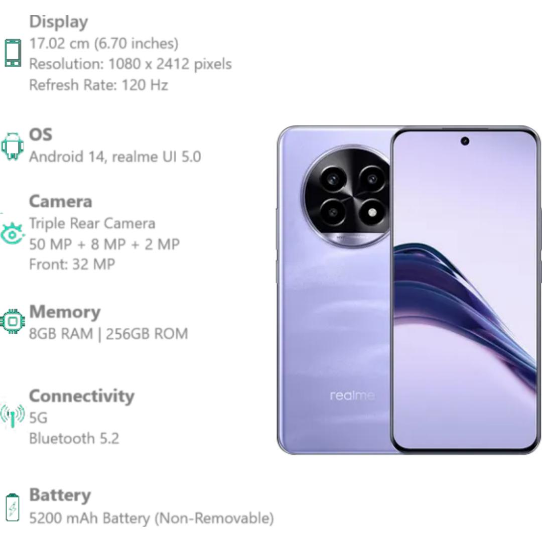 Realme 14 Pro Lite 5G 17.02 Centimeter (6.7) Triple Rear Camera Sony LYT-600 OIS 50 MP + 8 MP + 2 MP & 32 MP Front Camera Full HD+ 120Hz Curved Vision OLED Display Qualcomm Snapdragon® 7s Gen 2 4nm Octa Core Processor Smartphones Mobile