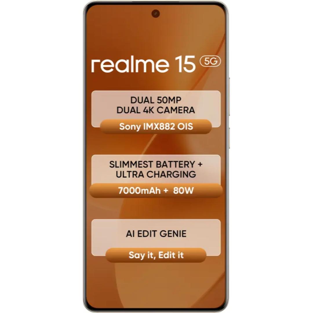 Realme 15 5G 17.27 Centimeter (6.80) 50MP Sony IMX882 AI + 8MP WideAngle Dual Rear Camera 50MP Front Camera 144Hz 1.5K+ 6500nits HyperGlow 4D Curve+ Display Mediatek Dimensity 7300+ 5G Octa Core Processor Smartphones Mobile