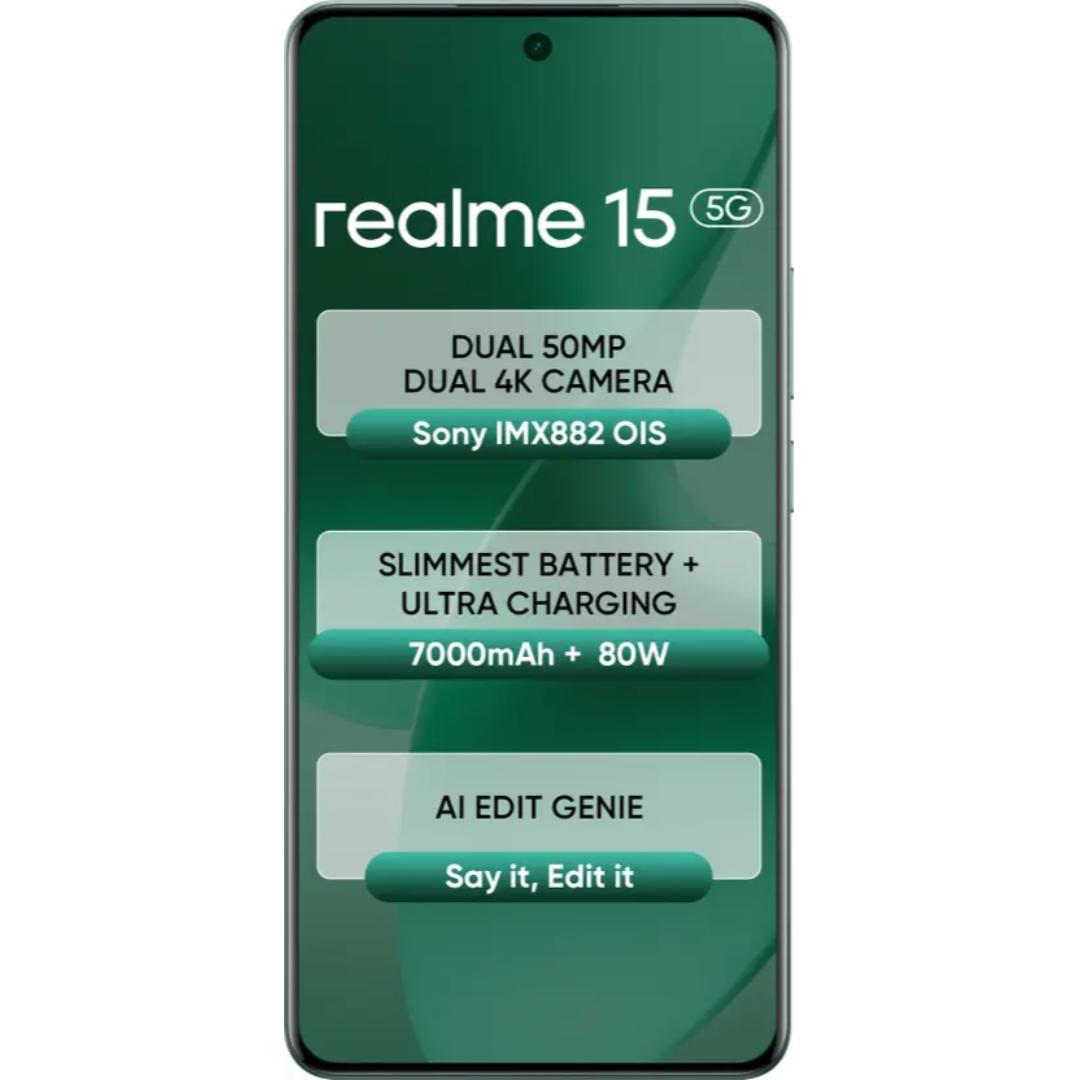 Realme 15 5G 17.27 Centimeter (6.80) 50MP Sony IMX882 AI + 8MP WideAngle Dual Rear Camera 50MP Front Camera 144Hz 1.5K+ 6500nits HyperGlow 4D Curve+ Display Mediatek Dimensity 7300+ 5G Octa Core Processor Smartphones Mobile