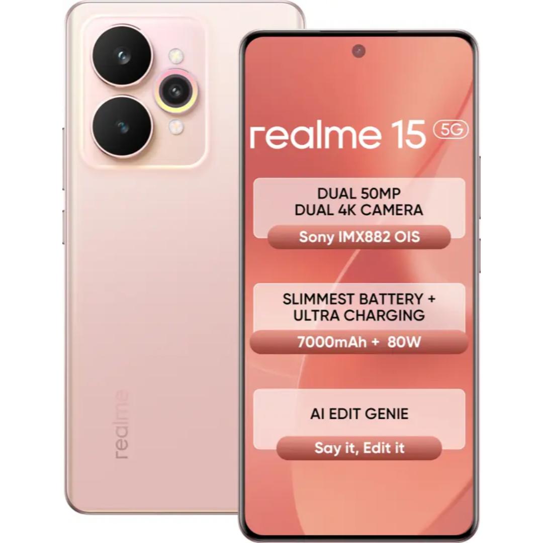 Realme 15 5G 17.27 Centimeter (6.80) 50MP Sony IMX882 AI + 8MP WideAngle Dual Rear Camera 50MP Front Camera 144Hz 1.5K+ 6500nits HyperGlow 4D Curve+ Display Mediatek Dimensity 7300+ 5G Octa Core Processor Smartphones Mobile