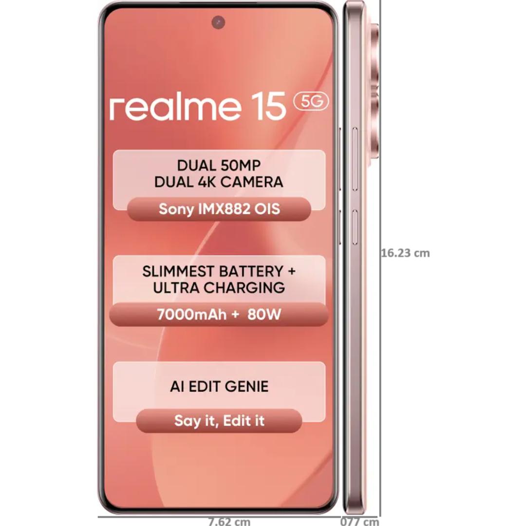 Realme 15 5G 17.27 Centimeter (6.80) 50MP Sony IMX882 AI + 8MP WideAngle Dual Rear Camera 50MP Front Camera 144Hz 1.5K+ 6500nits HyperGlow 4D Curve+ Display Mediatek Dimensity 7300+ 5G Octa Core Processor Smartphones Mobile