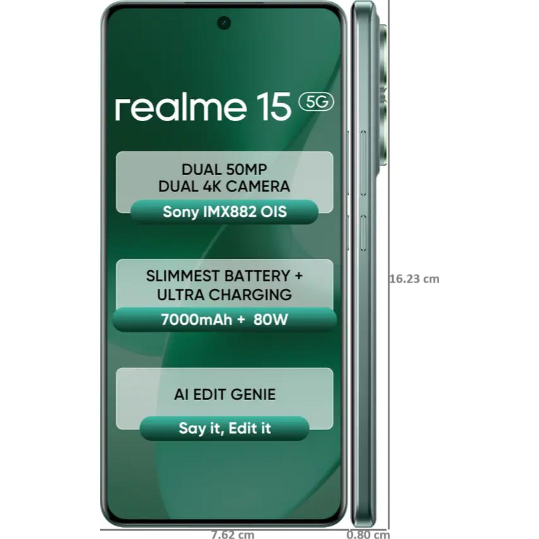Realme 15 5G 17.27 Centimeter (6.80) 50MP Sony IMX882 AI + 8MP WideAngle Dual Rear Camera 50MP Front Camera 144Hz 1.5K+ 6500nits HyperGlow 4D Curve+ Display Mediatek Dimensity 7300+ 5G Octa Core Processor Smartphones Mobile