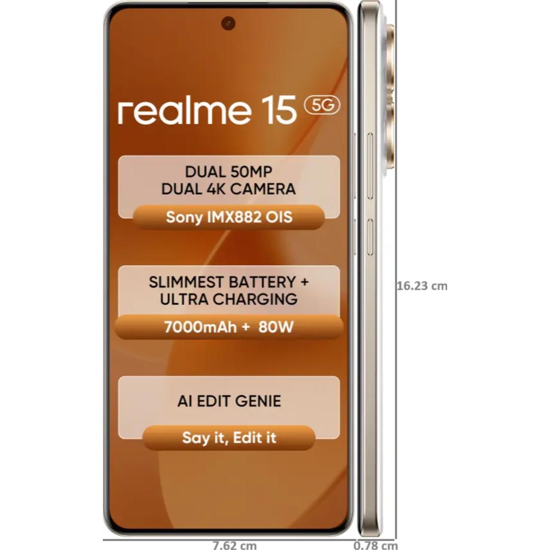 Realme 15 5G 17.27 Centimeter (6.80) 50MP Sony IMX882 AI + 8MP WideAngle Dual Rear Camera 50MP Front Camera 144Hz 1.5K+ 6500nits HyperGlow 4D Curve+ Display Mediatek Dimensity 7300+ 5G Octa Core Processor Smartphones Mobile