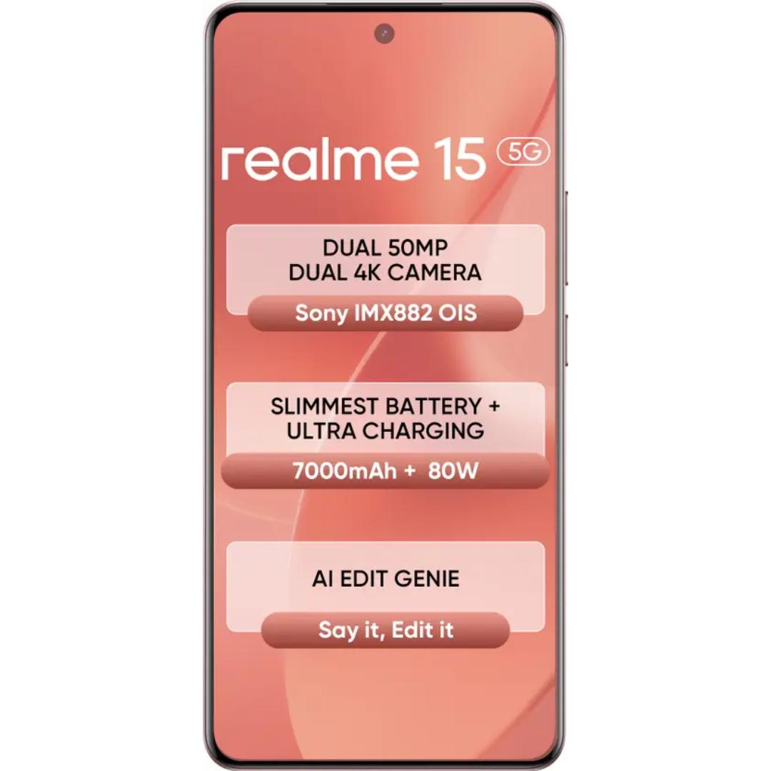 Realme 15 5G 17.27 Centimeter (6.80) 50MP Sony IMX882 AI + 8MP WideAngle Dual Rear Camera 50MP Front Camera 144Hz 1.5K+ 6500nits HyperGlow 4D Curve+ Display Mediatek Dimensity 7300+ 5G Octa Core Processor Smartphones Mobile