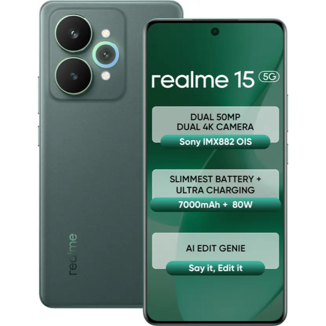Realme 15 5G 17.27 Centimeter (6.80) 50MP Sony IMX882 AI + 8MP WideAngle Dual Rear Camera 50MP Front Camera 144Hz 1.5K+ 6500nits HyperGlow 4D Curve+ Display Mediatek Dimensity 7300+ 5G Octa Core Processor Smartphones Mobile